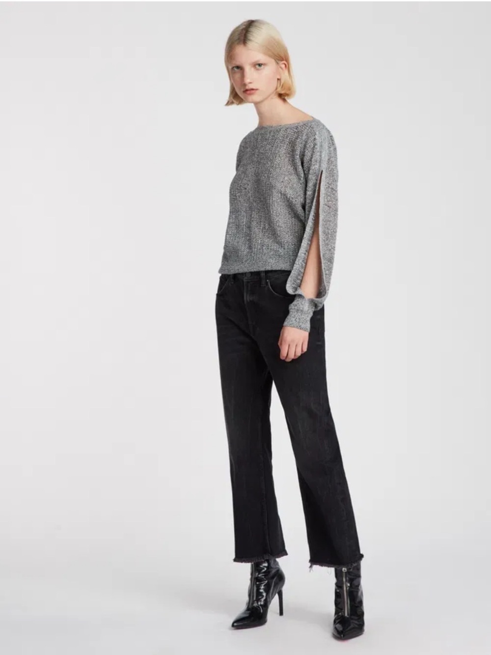 All Saints Elle Open Shoulder Gray Slit Sleeve Loose Knit Sweater